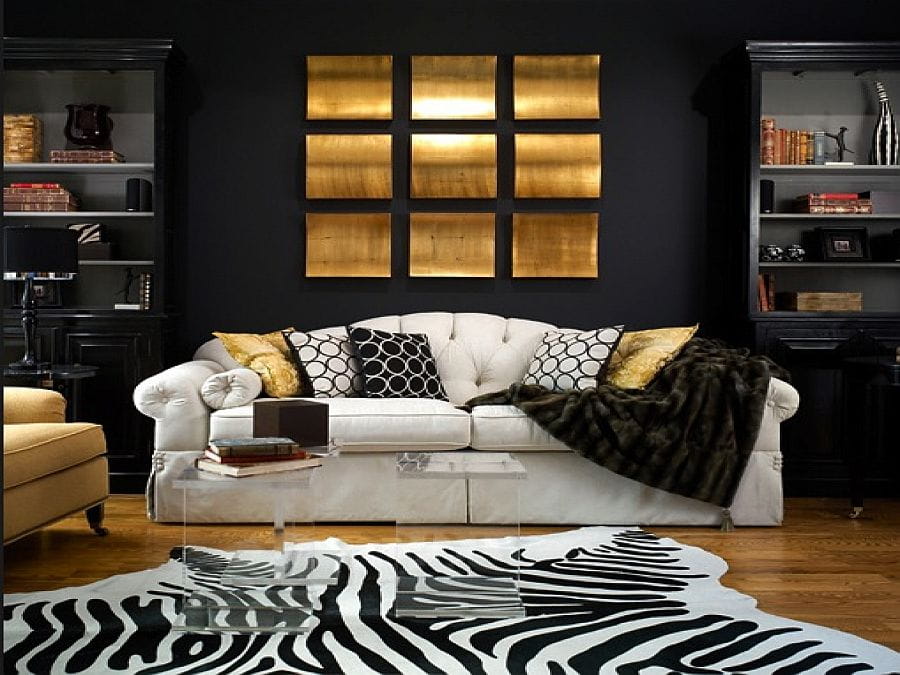 Zebra-rug-black-backdrop-along-with-gold-accents-for-the-living-room