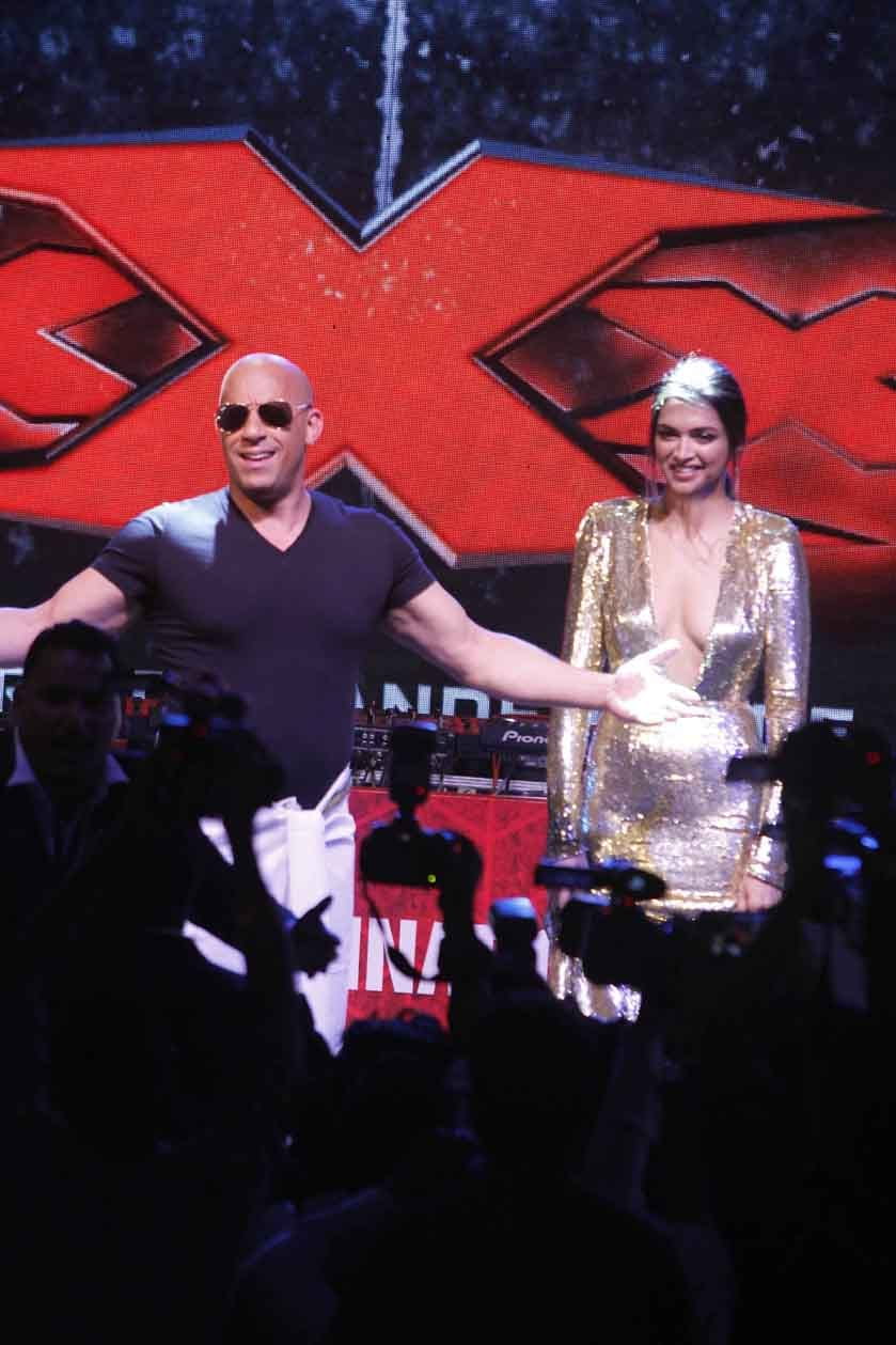 Hollywood actor Vin Diesel and Bollywood actor Deepika Padukone during a 'meet and greet' with fans to promote the film XXX: Return of Xander Cage in Mumbai, India on January 12, 2017. (Sanket Shinde/ SOLARIS IMAGES)