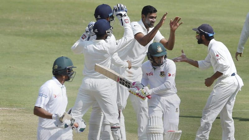 Hyderabad : India's Ravichandran Ashwin celebrates with teammates the dismissal of Bangladesh's captain Mushfiqur Rahim during the last day of their one-off cricket test match in Hyderabad on Monday. PTI Photo (PTI2_13_2017_000092B)
