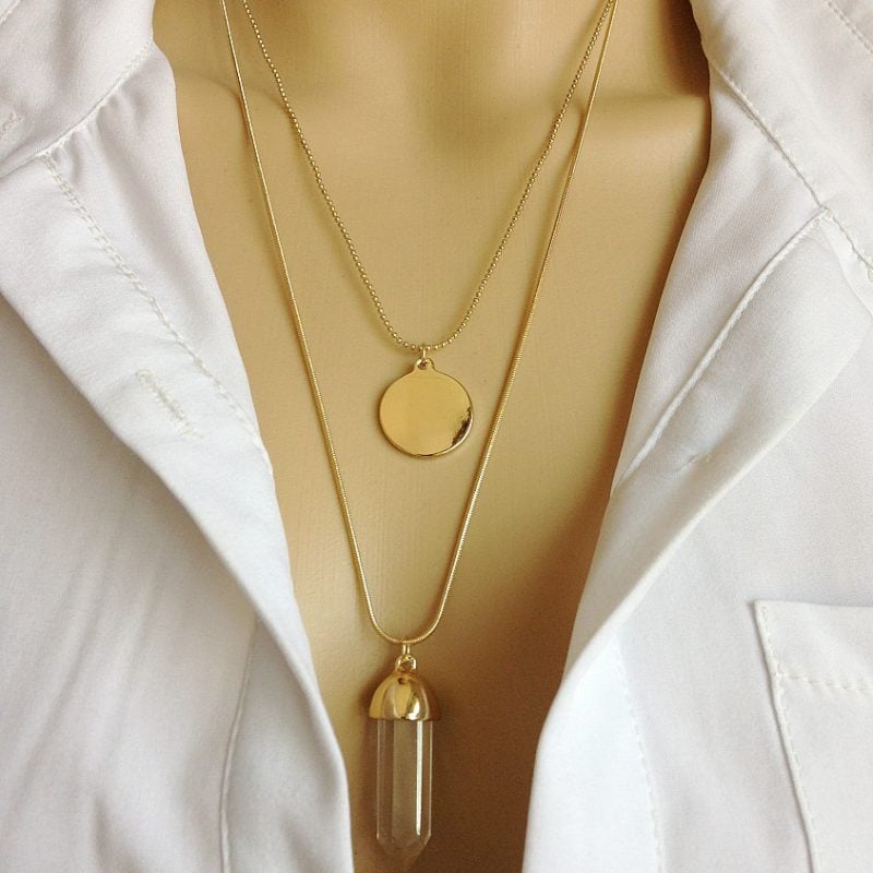 Double-Gold-Chain-Clear-Glasses-Hexagonal-Prisms-Pendant-Necklace-Natural-Stone-Women-Double-Layer-Healing-Power
