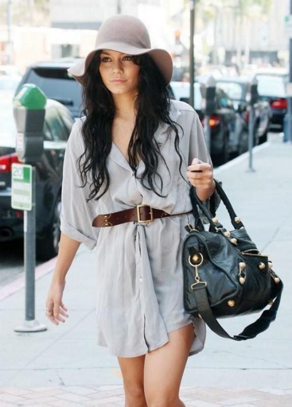 Fall-Fashion-Mens-Shirt-As-A-Dress-Belt-Oversized-Bag-and-Hat.-Love-How-Vanessa-Hudgens-Puts-Her-Outfits-Together