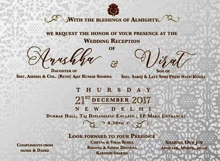 Virat-Anushka, Wedding, Reception Invitation Card, Venue