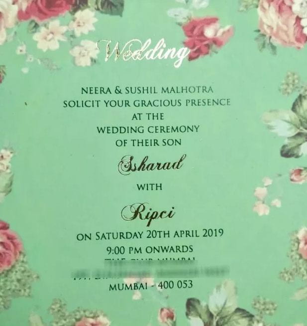 Ssharad Malhotra and Ripci Bhatia Wedding Card