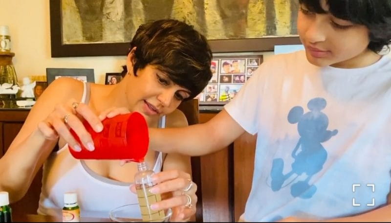 Mandira Bedi making hand sanitizer 